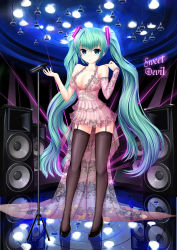 Rule 34 | 1girl, absurdres, bad id, bad pixiv id, breasts, cleavage, copyright name, garter straps, green eyes, green hair, hatsune miku, high heels, highres, long hair, matching hair/eyes, microphone, microphone stand, panties, pantyshot, see-through, shoes, skirt, solo, speaker, sweet devil (vocaloid), thighhighs, twintails, underwear, upskirt, very long hair, vocaloid, zheyi parker