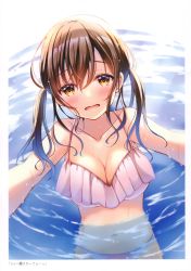 Rule 34 | 1girl, absurdres, bare shoulders, bikini, blush, breasts, brown hair, cleavage, collarbone, frown, highres, large breasts, long hair, looking at viewer, navel, open mouth, orange eyes, original, outstretched arms, partially submerged, sakura hiyori, scan, sidelocks, solo, swimsuit, twintails, water, wet, white bikini