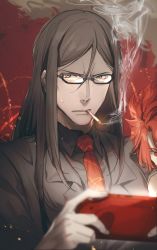 Rule 34 | 2boys, alexander (fate), black eyes, black hair, cheekbones, cigarette, close-up, fate/grand order, fate (series), formal, handheld game console, head out of frame, highres, long hair, looking at viewer, lord el-melloi ii, male focus, multiple boys, necktie, no-kan, playing games, red hair, smoking, solo focus, suit, waver velvet