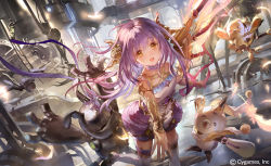 Rule 34 | 1girl, :d, animal ears, bare shoulders, black footwear, blush, brown eyes, character request, commentary request, copyright notice, dress, dutch angle, feathers, hair between eyes, headgear, leaning forward, liiko, long hair, official art, open mouth, outstretched arm, purple dress, purple hair, rabbit ears, robot, shadowverse, shoes, sleeveless, sleeveless dress, smile, solo, standing, standing on one leg, thighhighs, very long hair, watermark, white feathers, white thighhighs
