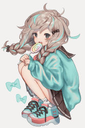Rule 34 | 1girl, :o, aqua bow, aqua footwear, aqua hair, aqua sweater, bow, braid, brown bow, brown eyes, brown hair, brown skirt, candy, food, from side, full body, hair bow, hair over shoulder, highres, holding, holding candy, holding food, holding lollipop, komadori ui, lollipop, long sleeves, looking at viewer, miniskirt, multicolored hair, open mouth, original, pleated skirt, school uniform, serafuku, shoes, simple background, skirt, sleeves past wrists, sneakers, socks, solo, squatting, streaked hair, sweater, swirl lollipop, symbol in eye, twin braids, twintails, white background, white socks