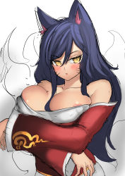 Rule 34 | 1girl, absurdres, ahri (league of legends), animal ears, areola slip, blue eyes, breast lift, breasts, detached sleeves, fox ears, fox tail, hair between eyes, highres, k jin, large breasts, league of legends, lips, long hair, looking at viewer, multiple tails, off shoulder, sketch, slit pupils, solo, tail, upper body, wide sleeves, yellow eyes
