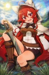 Rule 34 | 1girl, ahoge, black shorts, blush, boots, brown footwear, day, eris greyrat, highres, holding, holding sword, holding weapon, knee boots, long hair, long sleeves, looking at viewer, mushoku tensei, open mouth, outdoors, rainbow, red eyes, red hair, sami (pirateyoukai), shorts, sitting, smile, solo, sword, teeth, tongue, very long hair, weapon