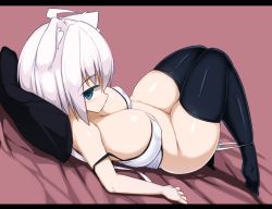 Rule 34 | 1girl, ahoge, animal ears, bare shoulders, bed, belly, black thighhighs, blush, bottomless, breasts, bursting breasts, cat ears, covered erect nipples, curvy, dutch angle, expressionless, felt whitesnow, hip focus, large breasts, letterboxed, looking at viewer, looking back, lying, navel, no pussy, on back, original, panties, panties around ankles, panty pull, pillow, plump, sawati, short hair with long locks, solo, strap slip, tareme, thick thighs, thighhighs, thighs, undersized clothes, underwear, white hair, wide hips