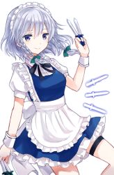 Rule 34 | 1girl, apron, between fingers, black ribbon, blue dress, blue eyes, bow, braid, breasts, commentary request, cowboy shot, dress, frilled apron, frills, green bow, hair between eyes, hair bow, hand up, holding, holding knife, holding weapon, izayoi sakuya, knife, knives between fingers, looking at viewer, maid, maid apron, maid headdress, medium breasts, neck ribbon, petticoat, puffy short sleeves, puffy sleeves, ribbon, sayuki, shirt, short hair, short sleeves, silver hair, simple background, smile, solo, thigh strap, thighs, touhou, twin braids, waist apron, weapon, white apron, white background, white shirt, wrist cuffs