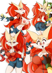 Rule 34 | 1boy, 1girl, @ @, absurdres, ass grab, bike shorts, black shorts, blush, braxy (lucyfer), grabbing another&#039;s breast, breasts, breasts out, cosplay, cowboy shot, creatures (company), delphox, fang, fingerless gloves, from behind, furry, furry female, game freak, gen 4 pokemon, gen 6 pokemon, gloves, grabbing, hetero, highres, kaito (lucyfer), large breasts, leafeon, long hair, looking at viewer, lucyfer, may (pokemon), may (pokemon) (cosplay), multiple views, nintendo, nipples, open mouth, poke ball, pokemon, pokemon (creature), red eyes, red hair, shiny clothes, shiny skin, short sleeves, shorts, simple background, standing, surprised, torn clothes, torn legwear, white background, wide hips