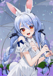 Rule 34 | 1girl, alternate costume, animal ear fluff, animal ears, black ribbon, blue bow, blue hair, bow, braid, breasts, cleavage, cleavage cutout, clothing cutout, dress, gotou (nekocat), hair between eyes, hair ribbon, highres, holding, holding umbrella, hololive, long hair, looking at viewer, medium breasts, multicolored hair, nail polish, open mouth, orange eyes, rabbit ears, rabbit girl, rabbit tail, rain, ribbon, short eyebrows, solo, symbol-shaped pupils, tail, thick eyebrows, twin braids, two-tone hair, umbrella, upper body, usada pekora, very long hair, virtual youtuber, white dress, white hair