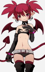 Rule 34 | 1girl, absurdres, bat wings, choker, closed mouth, demon girl, demon tail, demon wings, disgaea, earrings, elbow gloves, etna (disgaea), flat chest, gloves, highres, jewelry, looking at viewer, medium hair, navel, pointy ears, red eyes, red hair, simple background, skirt, skull earrings, smile, solo, tail, thighhighs, twintails, wings, zinbei