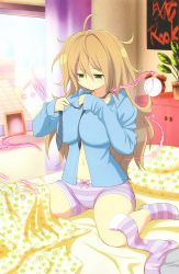 Rule 34 | 10s, 1girl, absurdres, alarm clock, bed, blanket, blue shirt, bow, bow panties, breasts, brown hair, cleavage, clock, curtains, dressing, flower pot, green eyes, highres, impossible clothes, impossible shirt, karasu (senran kagura), large breasts, long hair, messy hair, navel, necktie, official art, on bed, panties, pillow, pink bow, plant, poster (object), potted plant, senran kagura, senran kagura new wave, shirt, sitting, socks, solo, striped clothes, striped panties, striped socks, underwear, wariza, window, yaegashi nan