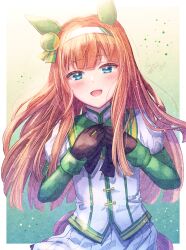 Rule 34 | 1girl, :d, animal ears, black bow, black gloves, blue eyes, blush, bow, brown hair, commentary request, gloves, green shirt, hairband, hands on own chest, hands up, horse ears, horse girl, horse tail, ittokyu, jacket, layered sleeves, long hair, long sleeves, looking at viewer, open mouth, own hands together, pleated skirt, puffy short sleeves, puffy sleeves, shirt, short over long sleeves, short sleeves, silence suzuka (umamusume), skirt, smile, solo, tail, umamusume, very long hair, white hairband, white jacket, white skirt