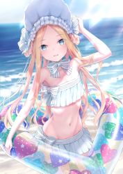 Rule 34 | 1girl, abigail williams (fate), abigail williams (swimsuit), abigail williams (swimsuit foreigner) (fate), abigail williams (swimsuit foreigner) (third ascension) (fate), arm up, bare shoulders, beach, bikini, blonde hair, blue eyes, blue sky, blush, bonnet, bow, braid, braided hair rings, breasts, day, fate/grand order, fate (series), forehead, hair bow, hair rings, heart-shaped innertube, highres, innertube, kachayori, light rays, long hair, looking at viewer, miniskirt, navel, ocean, parted bangs, parted lips, shore, sidelocks, skirt, sky, small breasts, smile, solo, sunlight, swim ring, swimsuit, twin braids, twintails, very long hair, white bikini, white bow, white headwear