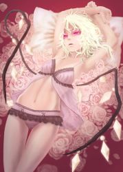 Rule 34 | 1girl, akai kitsune, arms up, babydoll, bad id, bad pixiv id, blonde hair, colored eyelashes, female focus, flandre scarlet, flower, highres, lace, lace-trimmed panties, lace trim, lingerie, lying, messy hair, navel, negligee, on back, panties, parted lips, pillow, pink eyes, pink flower, pink panties, pink rose, rose, solo, touhou, underwear, underwear only, wings