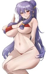 Rule 34 | 1girl, arm behind back, bare shoulders, bikini, breasts, cleavage, covered erect nipples, earrings, hair ornament, highres, jewelry, kataku musou, large breasts, looking at viewer, navel, purple hair, ranma 1/2, red bikini, red eyes, shampoo (ranma 1/2), solo, swimsuit, thick thighs, thighs, underboob