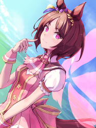 Rule 34 | 1girl, absurdres, animal ears, brown hair, dutch angle, ear ornament, flower in eye, from side, highres, horse ears, horse girl, horse tail, looking at viewer, pointing, pointing at self, puffy short sleeves, puffy sleeves, purple eyes, sakura laurel (umamusume), short hair, short sleeves, smile, solo, stella (stella), symbol in eye, tail, umamusume, upper body