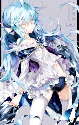 Rule 34 | 1girl, animal ears, bad id, bad pixiv id, bare shoulders, blue hair, character request, colored eyelashes, dragon ears, dress, fins, frills, head fins, highres, long hair, rooseputo 02, short shorts, shorts, solo, thighhighs, very long hair, white thighhighs, yellow eyes