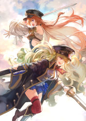 Rule 34 | 2girls, blonde hair, blue eyes, boots, braid, breasts, brown hair, coat, detached sleeves, granblue fantasy, hat, highres, jacket, large breasts, lecia (granblue fantasy), long hair, medium breasts, monika weisswind, multiple girls, necktie, open mouth, peaked cap, pleated skirt, scabbard, sheath, skirt, smile, sword, thighhighs, twintails, weapon, ya99ru