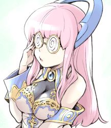Rule 34 | 1girl, :o, @ @, adjusting eyewear, bare shoulders, blue gemstone, blush, breasts, brooch, cleavage, coke-bottle glasses, collared shirt, detached sleeves, female focus, gem, glasses, highres, horns, ishiyumi, jewelry, juri (p&amp;d), long hair, looking away, medium breasts, open mouth, parted lips, pink hair, puzzle &amp; dragons, see-through, shirt, sleeveless, sleeveless shirt, solo, upper body, white detached sleeves, wide sleeves, yellow-framed eyewear