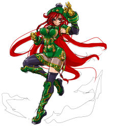 Rule 34 | 1girl, :3, abs, alternate costume, armpits, black gloves, black thighhighs, blue eyes, boots, border, braid, breasts, clenched hand, colorized, dress, earrings, elbow gloves, eyeliner, eyeshadow, full body, gauntlets, gloves, gold, green dress, green footwear, green hat, hand up, hat, highres, hip focus, hong meiling, impossible clothes, impossible dress, jewelry, ledjoker07, long hair, looking at viewer, makeup, medium breasts, muscular, panties, pantyshot, pointy ears, red hair, revealing clothes, see-through, shiny clothes, short dress, side slit, sketch, smile, solo, standing, standing on one leg, star (symbol), thigh boots, thighhighs, thighs, toned, touhou, twin braids, underwear, very long hair, white panties