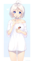 Rule 34 | .live, 1girl, antenna hair, artist name, blue background, blue eyes, blush, closed eyes, collarbone, cowboy shot, heart, highres, holding, holding spoon, ice cream cup, no pants, off shoulder, outside border, parted bangs, shirt, short hair, short sleeves, silver hair, simple background, single bare shoulder, dennou shoujo siro, smile, solo, sora from france, spoon, standing, tareme, thighs, utensil in mouth, virtual youtuber, white shirt