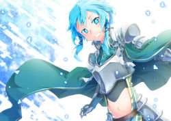 Rule 34 | 1girl, armor, blue background, blue eyes, blue hair, breastplate, cape, commentary request, cowboy shot, faulds, floating hair, gauntlets, green cape, grin, hair between eyes, hair ornament, highres, looking at viewer, midriff, navel, oboro neko, partial commentary, short hair, short hair with long locks, shoulder armor, sidelocks, sinon, smile, solo, standing, sword art online, teeth, white background
