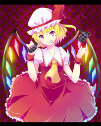 Rule 34 | 1girl, ascot, bad id, bad pixiv id, checkered background, explosive, female focus, flandre scarlet, grenade, hat, hat ribbon, highres, letterboxed, mouth hold, pika73, red eyes, ribbon, side ponytail, skirt, skirt set, smile, solo, touhou, wings, wrist cuffs