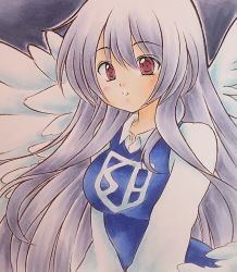 Rule 34 | :o, angel, angel wings, blue dress, blush, breasts, collared shirt, dress, feathered wings, grey hair, highres, kazra, long hair, long sleeves, marker (medium), medium breasts, multiple wings, open mouth, red eyes, sariel (touhou), seraph, shikishi, shirt, solo, touhou, touhou (pc-98), traditional media, very long hair, white hair, white shirt, white wings, wings