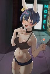Rule 34 | 1girl, :d, absolutemabbak, absurdres, animal ears, blue hair, blurry, blurry background, blush, breasts, camisole, choker, cleavage, collarbone, commission, cowboy shot, crop top, depth of field, ear tag, english text, finger to mouth, heart, highres, hip bones, lee sukang&#039;s short-haired girl, medium breasts, midriff, naughty face, navel, open mouth, original, outdoors, prostitution, purple eyes, rabbit ears, second-party source, shirt tug, short hair, short shorts, shorts, smile, solo focus, spoken heart, strap slip, teeth, thighhighs, upper teeth only, white thighhighs