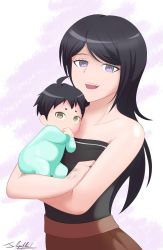 Rule 34 | 1boy, 1girl, alternate costume, baby, bare arms, bare shoulders, black shirt, commentary, commission, danganronpa: trigger happy havoc, danganronpa (series), english commentary, facing viewer, freckles, highres, ikusaba mukuro, long hair, looking at viewer, mother and son, neolink077, onesie, shirt, short hair, signature, smile, strapless, strapless shirt, tagme, upper body