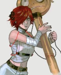 Rule 34 | a.b.a, bags under eyes, bandaged chest, bandages, chain, green eyes, guilty gear, guilty gear xx, hair ornament, hair over one eye, highres, key, key in head, looking at viewer, object through head, pale skin, paracelsus (guilty gear), red hair, short hair, stitched mouth, stitches, tirtyturtle