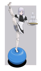 Rule 34 | 1girl, absurdres, android, apron, balancing, balancing ball, ball, colorized, cup, drinking glass, exercise ball, expressionless, flat chest, flexible, grey background, greyscale, highres, joints, maid, maid apron, maid headdress, mechanical parts, monochrome, no panties, no pussy, original, outside border, robot joints, science fiction, short hair, simple background, solo, split, standing, standing on one leg, standing split, sukabu, swept bangs, tray, upskirt, wine glass