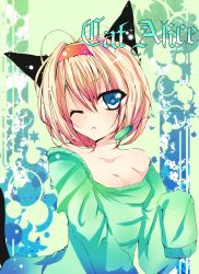 Rule 34 | 1girl, :&lt;, ;&lt;, alice margatroid, animal ears, bad id, bad pixiv id, blonde hair, blue eyes, breasts, cat ears, cat girl, cattail, cleavage, female focus, gokuharu, green shirt, hairband, highres, kemonomimi mode, medium breasts, one eye closed, paw pose, plant, ribbon, shirt, short hair, sleeves past wrists, solo, sweater, touhou, wink