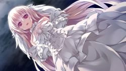 Rule 34 | 1girl, cloud, cloudy sky, detached collar, detached sleeves, dress, floating hair, from below, game cg, hair between eyes, long dress, long hair, looking at viewer, mizunezumi, night, open mouth, outdoors, re;lord dai san shou, red eyes, ria carossa, sky, solo, standing, strapless, strapless dress, very long hair, white dress, white hair, white sleeves