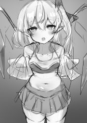 Rule 34 | 1girl, :d, absurdres, alternate costume, bare shoulders, blush, bow, breasts, bright pupils, cheerleader, collarbone, commentary request, cowboy shot, crystal, fang, flandre scarlet, greyscale, hair between eyes, hair bow, highres, kamukamu 23, looking at viewer, midriff, monochrome, navel, no headwear, one side up, open mouth, pleated skirt, pointy ears, pom pom (cheerleading), short hair, sketch, skirt, small breasts, smile, solo, thighhighs, touhou, white pupils, wings