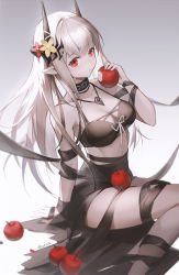 Rule 34 | 1girl, absurdres, apple, arknights, arm support, bikini, black bikini, black choker, breasts, choker, commentary, flower, food, fruit, gradient background, grey background, hair flower, hair ornament, hand up, highres, holding, holding food, holding fruit, horns, infection monitor (arknights), jewelry, large breasts, long hair, looking at viewer, mudrock (arknights), mudrock (silent night) (arknights), necklace, official alternate costume, pointy ears, red eyes, silver hair, sitting, solo, stomach, swimsuit, thighs, uza, white background