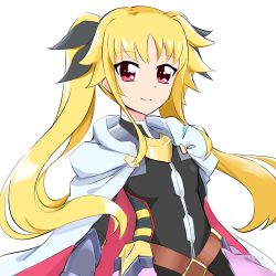 Rule 34 | 1girl, black bow, blonde hair, bow, closed mouth, fate testarossa, flat chest, floating hair, hair bow, haruzu2000, hat, highres, long hair, looking at viewer, lyrical nanoha, mahou shoujo lyrical nanoha, red eyes, simple background, smile, solo, upper body, very long hair, white background, white hat