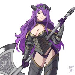 1girl absurdres axe battle_axe breasts camilla_(fire_emblem) capelet cleavage commentary_request contrapposto cowboy_shot fire_emblem fire_emblem_fates gloves gluteal_fold headpiece highres holding holding_axe horns large_breasts long_hair nintendo no_pants panties pink_lips purple_capelet purple_gloves purple_panties signature smile solo underwear vambraces watcher_hollow weapon