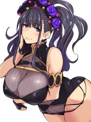 Rule 34 | 1girl, black hair, breast hold, breasts, fate/grand order, fate (series), gloves, highres, kuronyan, large breasts, long hair, murasaki shikibu (fate), murasaki shikibu (swimsuit rider) (fate), murasaki shikibu (swimsuit rider) (first ascension) (fate), one-piece swimsuit, partially fingerless gloves, purple eyes, sweatdrop, swimsuit, white background