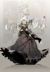 Rule 34 | 1girl, artist name, black dress, closed mouth, demizu posuka, dress, drill hair, drill ponytail, drill sidelocks, grey background, hair up, hand on own hip, hand on own stomach, jewelry, juliet sleeves, long dress, long hair, long sleeves, looking at viewer, looking down, necklace, original, puffy sleeves, sidelocks, simple background, smile, solo, standing, white hair, yellow eyes