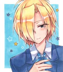 Rule 34 | 1boy, blonde hair, blue background, blue eyes, blue ribbon, blue suit, bluestar iz, blush, collared shirt, formal, hair intakes, hair over one eye, hand on own chest, looking at viewer, male focus, noel levine, official art, painting (medium), ribbon, shirt, short hair, smile, solo, star (symbol), suit, traditional media, watercolor (medium), white background, white shirt, witch&#039;s heart