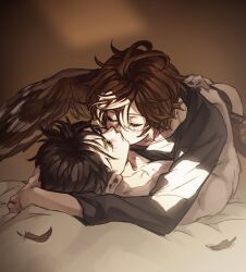 Rule 34 | 2boys, ahoge, artist request, belial (granblue fantasy), black shirt, blanket, boy on top, brown background, brown hair, brown wings, closed eyes, collaboration, commentary, english commentary, feathered wings, feathers, granblue fantasy, hair between eyes, highres, hihazuki, hug, kiss, light, light rays, lying, male focus, messy hair, multiple boys, on back, on bed, pectorals, sandalphon (granblue fantasy), shirt, topless male, wings, yaoi