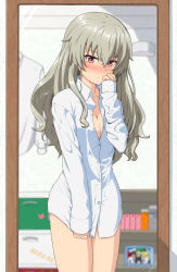 Rule 34 | 1girl, ada badguy, anchovy (girls und panzer), blush, breasts, cleavage, collared shirt, embarrassed, girls und panzer, hair down, highres, light green hair, long hair, no pants, partially unbuttoned, red eyes, shirt, solo, thighs, through medium, through mirror, white shirt