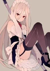 Rule 34 | 1boy, afuro terumi, androgynous, bare shoulders, black thighhighs, crossdressing, elbow gloves, garter straps, gloves, high heels, inazuma eleven, inazuma eleven (series), long hair, maid, maid headdress, male focus, red eyes, simple background, solo, thighhighs, tokio neo, trap, very long hair