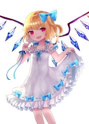 Rule 34 | 1girl, alternate costume, arm up, blonde hair, blue bow, bow, clothes lift, cowboy shot, cropped legs, dress, fang, feet out of frame, flandre scarlet, flat chest, frilled skirt, frills, hair bow, index finger raised, lifted by self, looking at viewer, no headwear, open mouth, red eyes, sakizaki saki-p, side ponytail, simple background, skirt, skirt lift, sleeveless, sleeveless dress, solo, swept bangs, touhou, white background, white dress, wings
