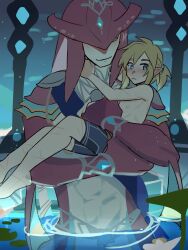 Rule 34 | 2boys, blonde hair, blue eyes, blush, carrying, closed mouth, fish boy, highres, link, male focus, multiple boys, nintendo, pointy ears, scar, scar on arm, scar on chest, scar on leg, sidon, smile, suikaels, the legend of zelda, topless, topless male, water, yaoi, yellow eyes, zora