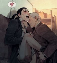 Rule 34 | 2boys, age difference, anal, asphyxiation, black hair, blush, closed eyes, clothed sex, couch, face-to-face, grey hair, hand on neck, heart, highres, majima goro, male focus, male penetrated, multiple boys, open mouth, pulling at clothes, ryuu ga gotoku (series), ryuu ga gotoku 0, sagawa tsukasa, sex, sweat, tattoo, yaoi