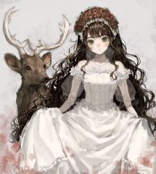 Rule 34 | 1girl, black hair, commentary request, deer, dress, flower, green eyes, head wreath, highres, horns, jewelry, long hair, looking at viewer, necklace, original, parted lips, pearl necklace, sayoko (sayosny2), skirt hold, wedding dress, white dress