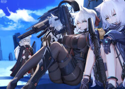 Rule 34 | 4girls, absurdres, animal ear fluff, animal ears, black footwear, black pantyhose, blue eyes, blue gloves, blue jacket, boots, breasts, cat ears, cat girl, chinese commentary, closed mouth, cloud, commentary request, gloves, gun, heterochromia, highres, holding, holding gun, holding weapon, holster, huge breasts, jacket, knees up, long hair, looking at viewer, mecha musume, metal gloves, mouth hold, multiple girls, nekoya (liu), open mouth, original, outdoors, pantyhose, ponytail, sitting, sky, small breasts, thigh holster, thighband pantyhose, weapon, white hair, yellow eyes