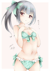 Rule 34 | 1girl, bare arms, bare shoulders, bikini, blush, bow, bow bikini, breasts, brown background, brown eyes, collarbone, commentary request, cowboy shot, dakkusu, dated, frilled bikini, frills, gluteal fold, green bikini, green bow, grey hair, hair bow, hands up, highres, kantai collection, kasumi (kancolle), long hair, looking at viewer, navel, parted lips, side ponytail, signature, small breasts, solo, swimsuit, translation request, two-tone background, white background
