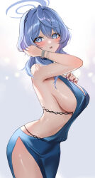 Rule 34 | 1girl, :o, adjusting hair, ako (blue archive), ako (dress) (blue archive), arched back, bare shoulders, blue archive, blue dress, blue eyes, blue hair, blue halo, blush, bracelet, breasts, commentary request, dress, from side, hair between eyes, hairband, halo, jewelry, large breasts, long hair, looking at viewer, maru hatena, official alternate costume, open mouth, partial commentary, purple nails, raised eyebrows, revealing clothes, side slit, sideboob, sideless dress, single hair intake, solo