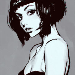 Rule 34 | 1girl, black eyes, black hair, blunt bangs, breasts, cleavage, collarbone, grey background, greyscale, ilya kuvshinov, lips, looking at viewer, monochrome, nose, parted lips, short hair, simple background, small breasts, solo, upper body